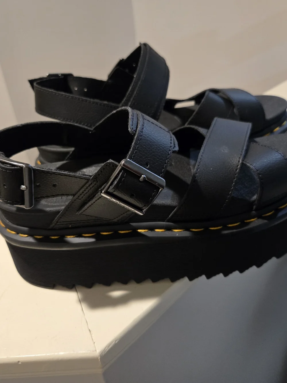 Dr. Martens Black Platform Sandal with Yellow Stitching